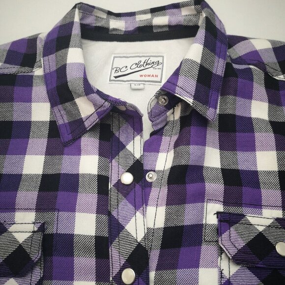 BC Clothing Ladies Size Small Purple White Black Plaid Faux Fur Lined Shirt - Picture 8 of 12
